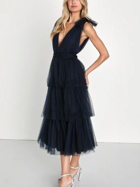 Lulus Flawless Arrival Navy Blue Tulle Tie-Strap Tiered Maxi Dress